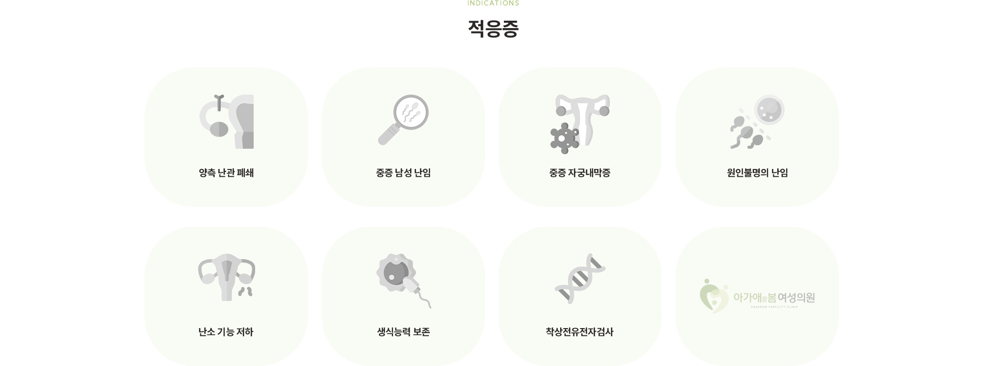 [적응증] 양측 난관 폐쇄 / 중증 남성 난임 / 중증 자궁내막증 / 원인불명의 난임 / 난소 기능 저하 / 생식능력 보존 / 착상전유전자검사